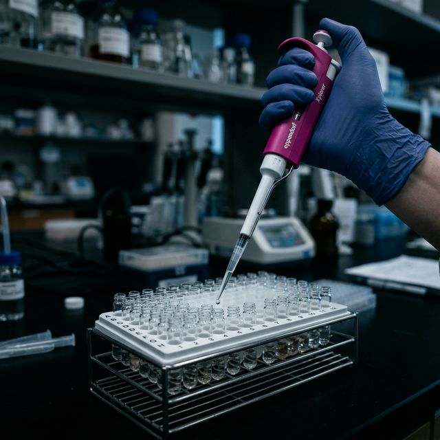 Scientist dispensing pink liquid into microplate vials